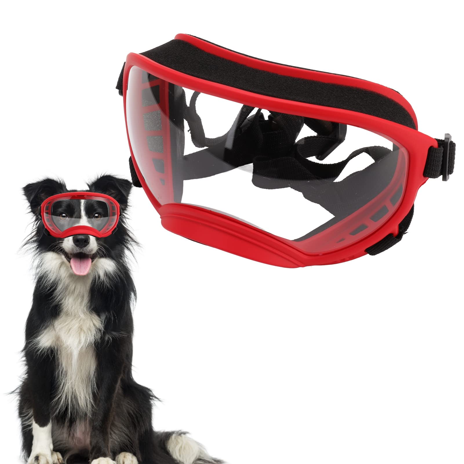 Occhiali da sole per cani antivento, con cinturino regolabile, per cani di taglia grande (montatura rossa e occhiali trasparenti)