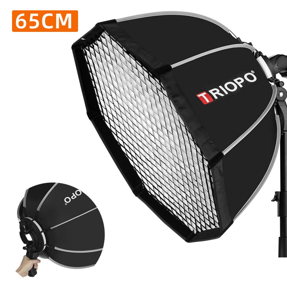 Triopo KS65 Portable Softbox 25.6in / 65cm Speedlite Octagon Umbrella Softbox with Honeycomb Grid Outdoor Flash SoftBox for Godox TT600 TT685 V860 YONGNUO NEEWER Flash (with S Bracket Hand Grip)