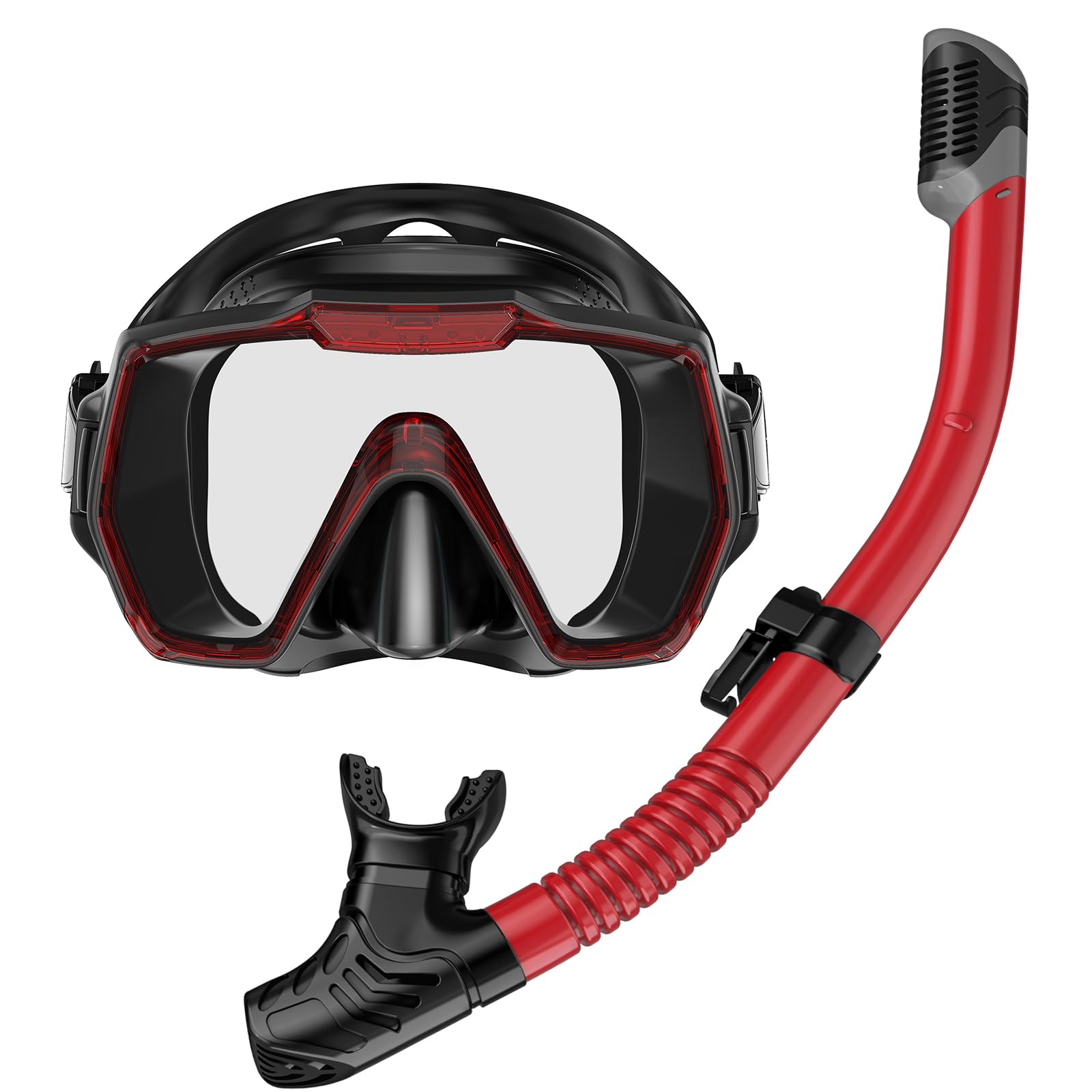 Snorkel Set Adults Snorkeling Gear Anti-Leak and Anti-Fog Tempered Glass Lens Panoramic View Swim Mask Dry Top Snorkel Kit for Snorkeling Scuba Diving Swimming Travel with Carry Bag