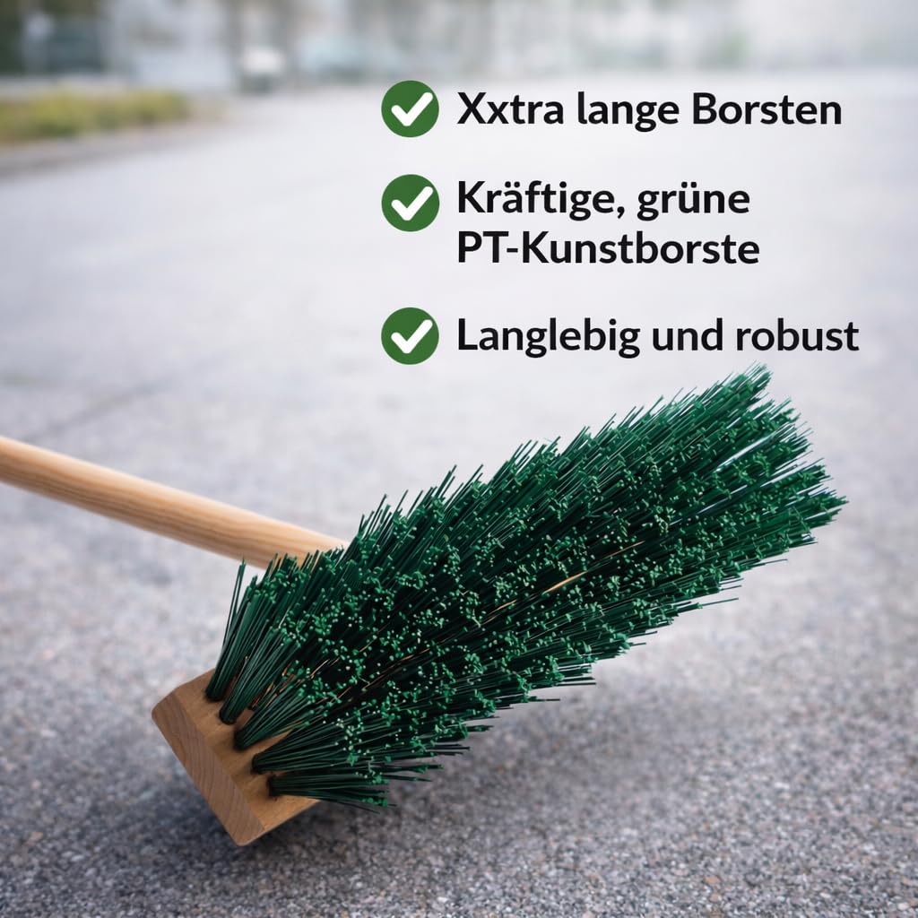 Profi Straßenbesen Extra Lange grüne Kunst Borsten 40cm Besen mit Stiel 160 | Robuste PT-Kunststoff-Borsten, Mit Geräte-Holzstiel 155cm Lang, Für Draußen, Für Groben Schmutz, Gartenbesen