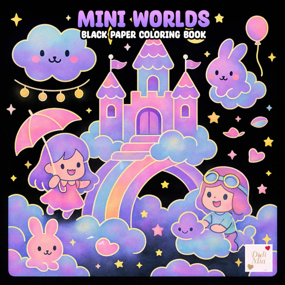 Mini Worlds Black Paper Coloring Book: Magical Tiny Scenes on Dark Pages