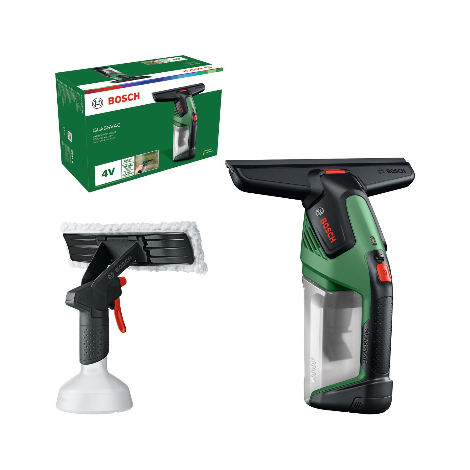 Bosch GLASSVAC Limpiador de cristales (batería Compact Power BA de 4 V de 2,0 Ah, pulverizador con paños de tela, caja de cartón)