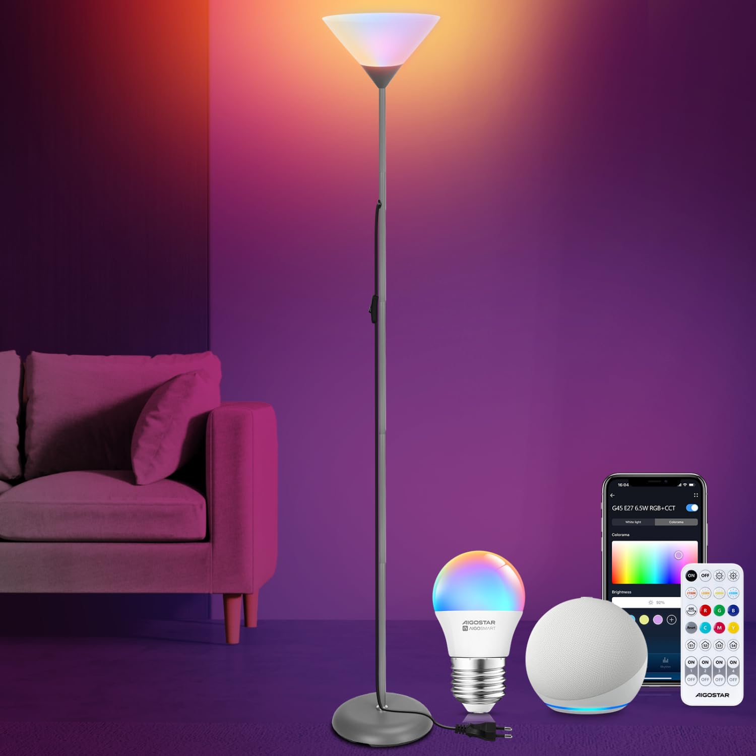 Aigostar Lámpara de Pie Moderna, con Mando a Distancia y Bluetooth Mesh G45 E24 Bombilla LED RGB & 2700K-6500K, Lámpara de Pie Regulable, Compatible con Alexa, 175 cm
