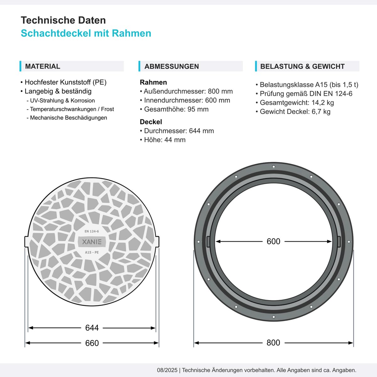 Leichter Schachtdeckel aus Kunststoff DN600 mit Rahmen Ø 800 mm + Verriegelung - Klasse A15, belastbar bis 1,5 T, Farbe:schwarz
