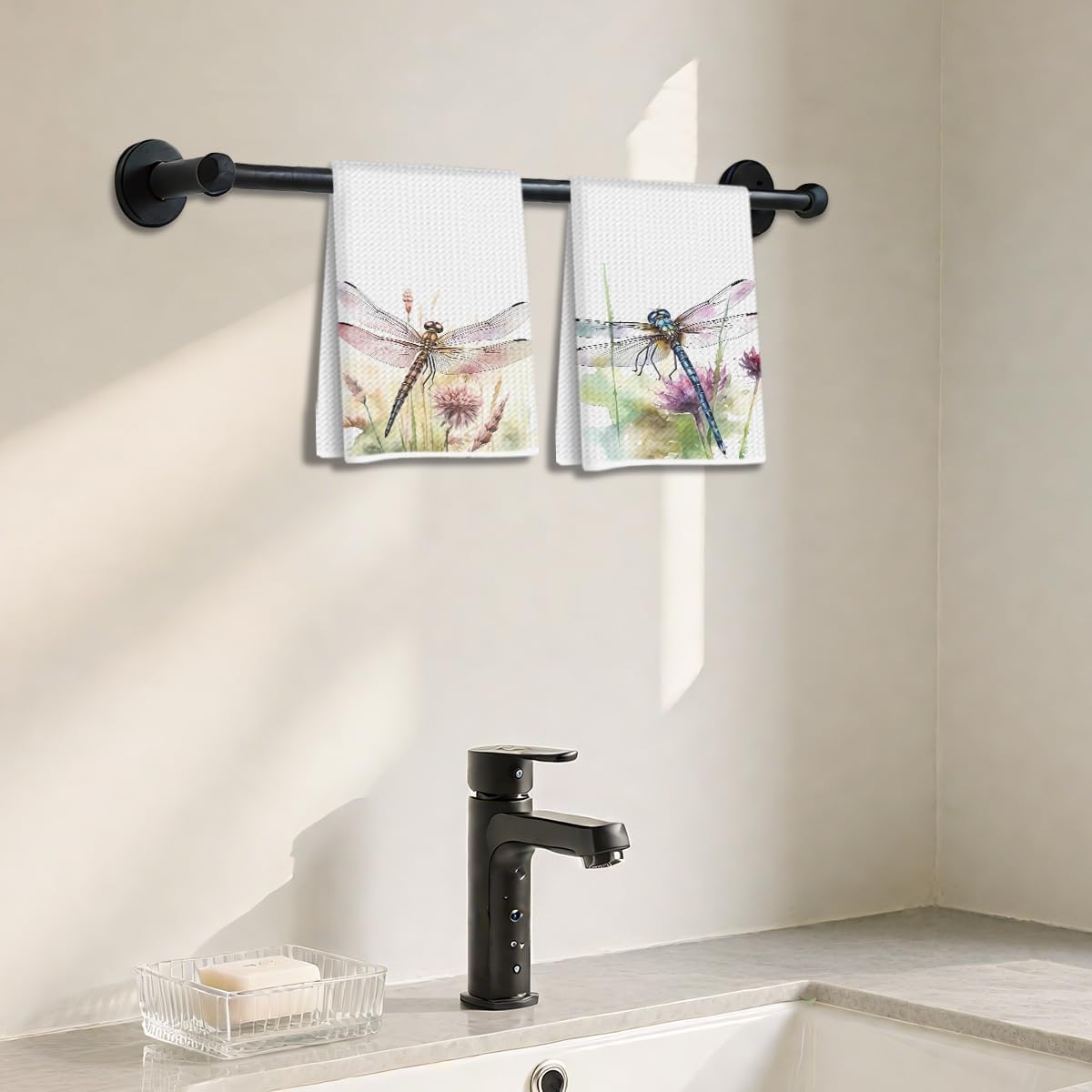 2Pcs Watercolor Dragonfly Kitchen Towels 24x14 Inch, Rustic Floral Waffle Hand Towels for Kitchen Home, Absorbent Microfiber Dish Cloth Tea Towel, Dragonfly Gifts for Women - Image 3