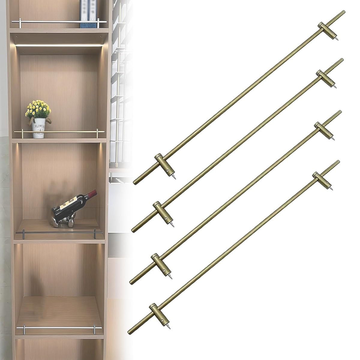 4-pak dekoracyjnych metalowych szyn ochronnych do półek, 30–100 cm, regulowane aluminiowe ogrodzenie zapobiegające upadkowi do półek na książki, szafek kuchennych, stojaków na buty (wykończenie