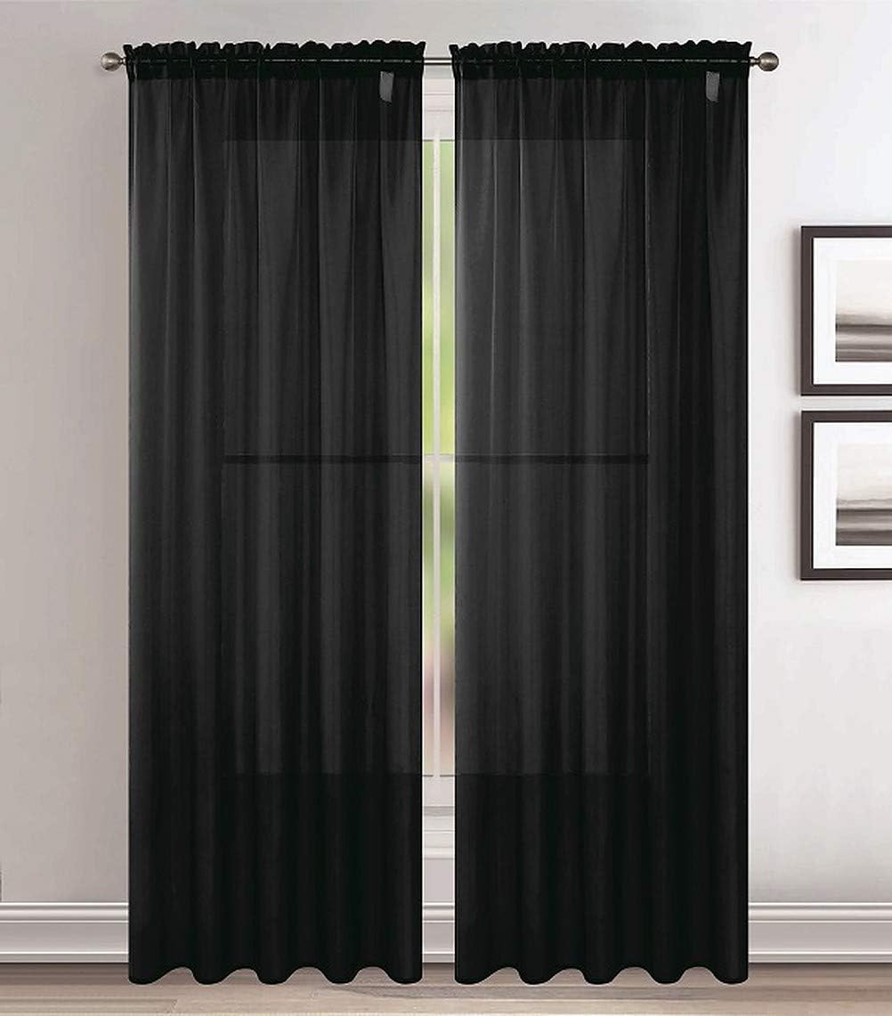 Jody Clarke 2pc Set Sheer Voile Window Treatment Rod Pocket Curtain Panels for Bedroom and Living Room Assorted Colors & Sizes Solid Stitched & Hemmed(Black, 2PC 54 X 63)