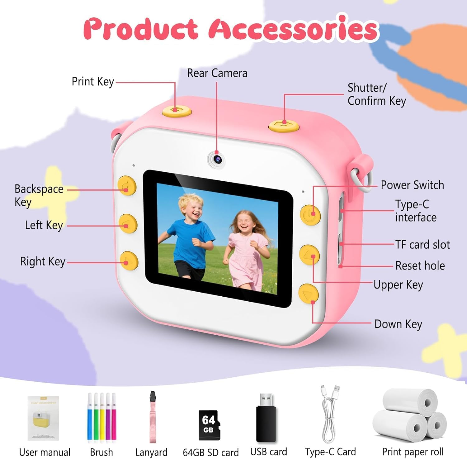 64GB Kids Camera Instant Print, 1080P Dual-Lens Selfie Instant Cameras Video, 48MP Birthday Gifts Instant Print Camera for Kids with Print Paper, for Girls Age 3 4 5 6 7 8 9 10 11 Toddler Toy