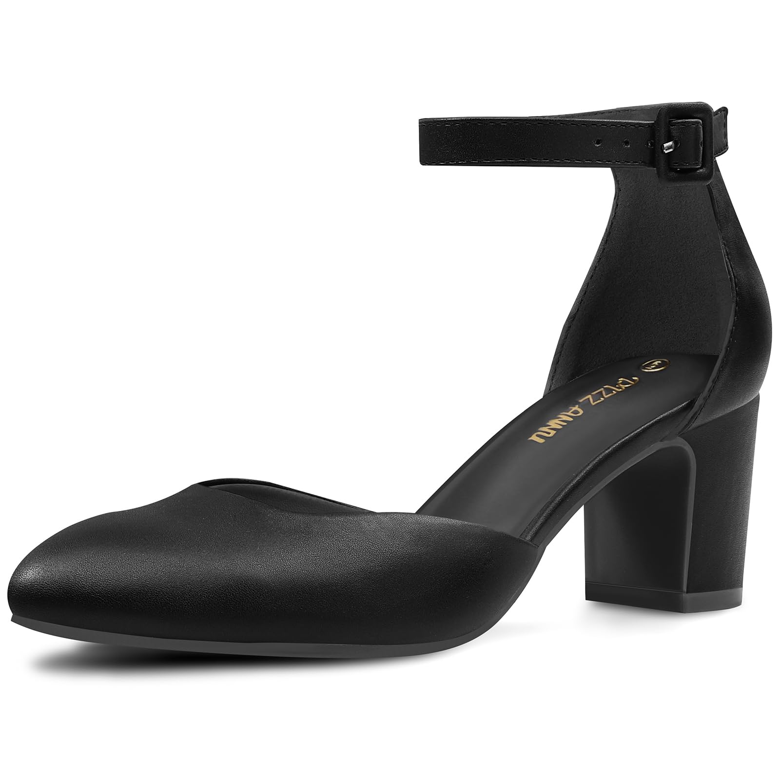PIZZ ANNU Women's Gilaa Closed Toe Low Chunky Heels Pumps Ankle Strap Wedding Business Round Toe Block Dress Shoes