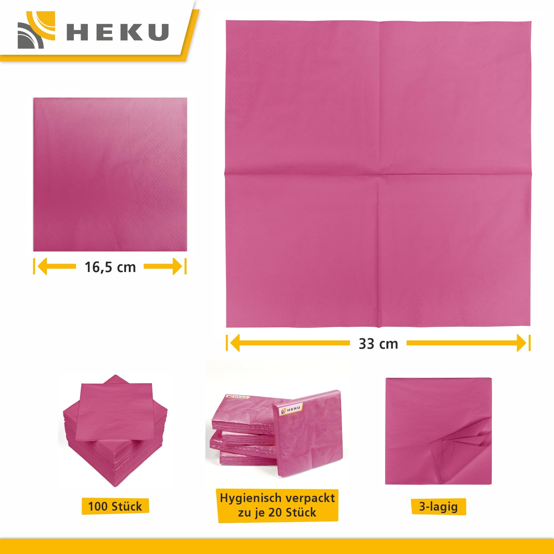 HEKU 100 tovaglioli a 3 veli, 33 x 33 cm, cuore su strisce bianche