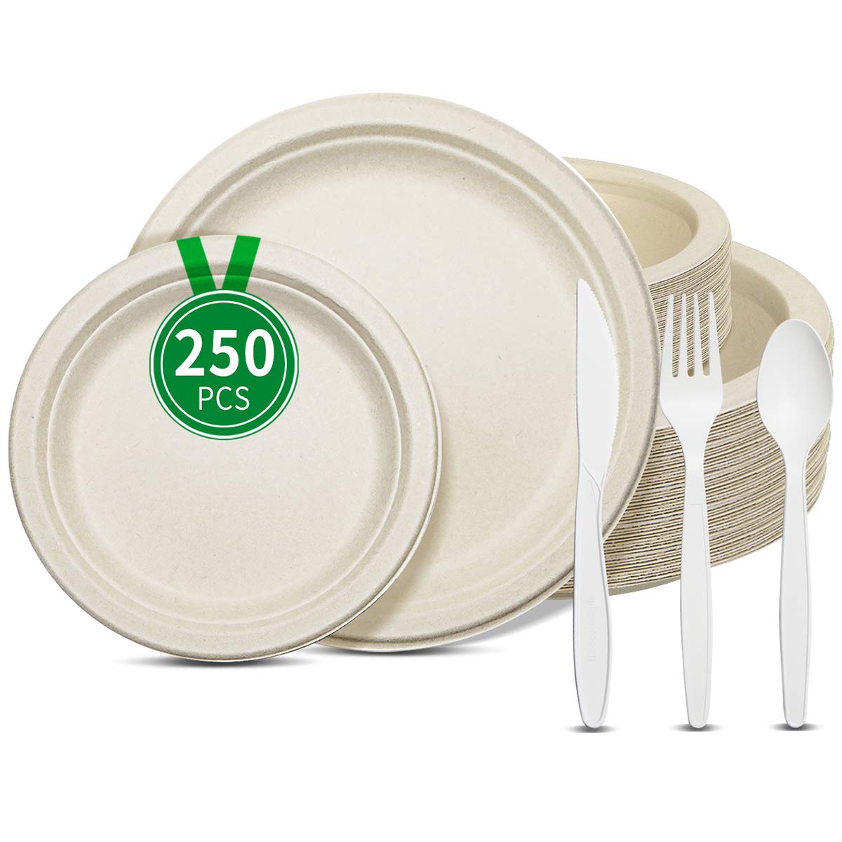250 pcs Disposable Dinnerware Set for 50 Services, Microwavable Heavy Duty 7 inch & 9 inch Plates with Spoon Fork Knife Utensils (50 of each)
