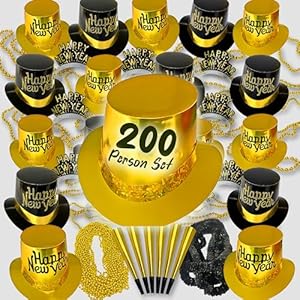Crown Display New Years Party Favors 2026 200 Person Black & Gold Top Hats Tiaras Horns Noise Makers New Year Eve Hats Happy New Year Hats Decorations 2026 New Years Eve Party Favors