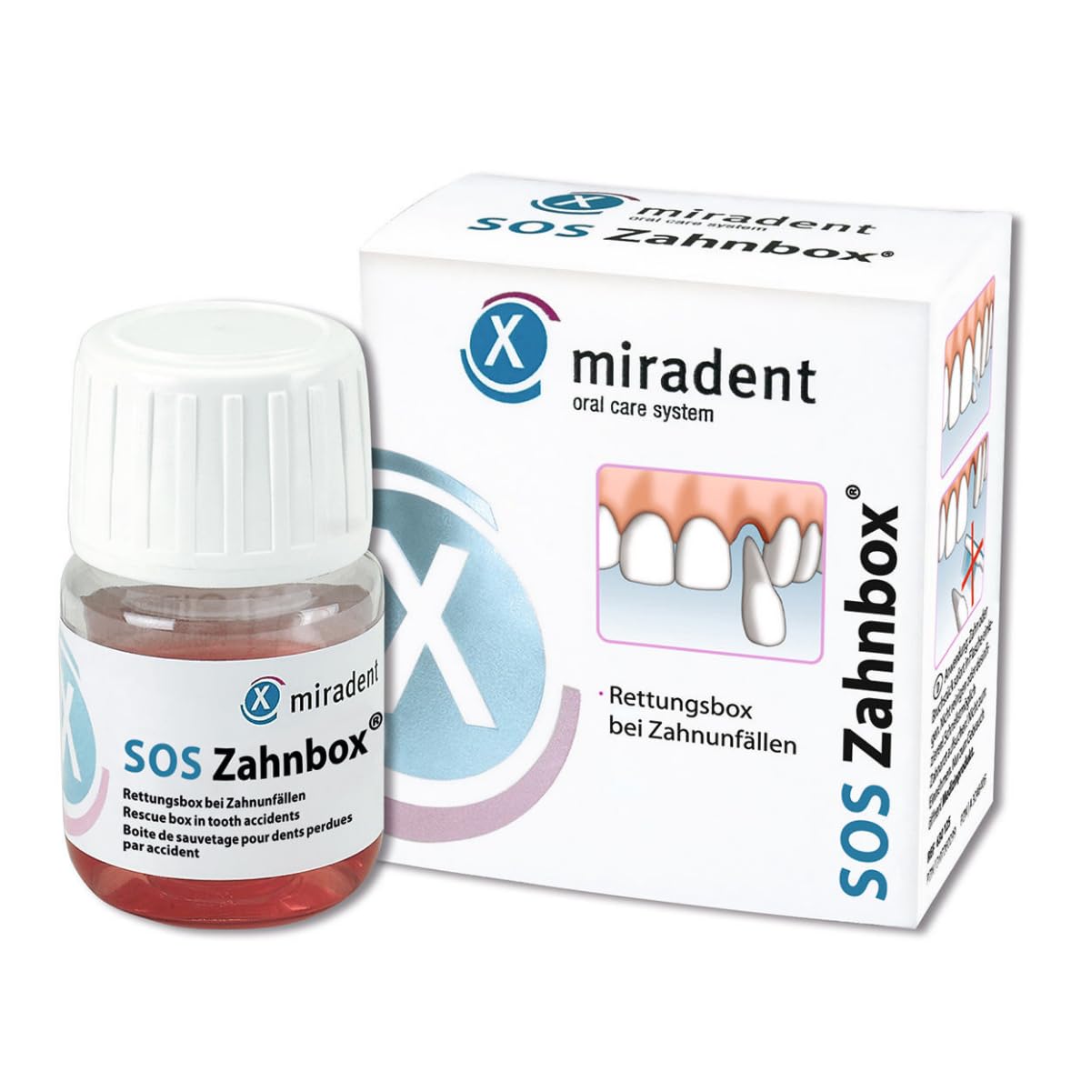 Miradent SOS Zahnbox® | Zahnrettungsbox für ausgeschlagene Zähne & Frontzahntrauma | Nährlösung erhält Zellen für eine Replantation & Einheilung des verlorenen Zahns | Aufbewahrung bis zu 48h