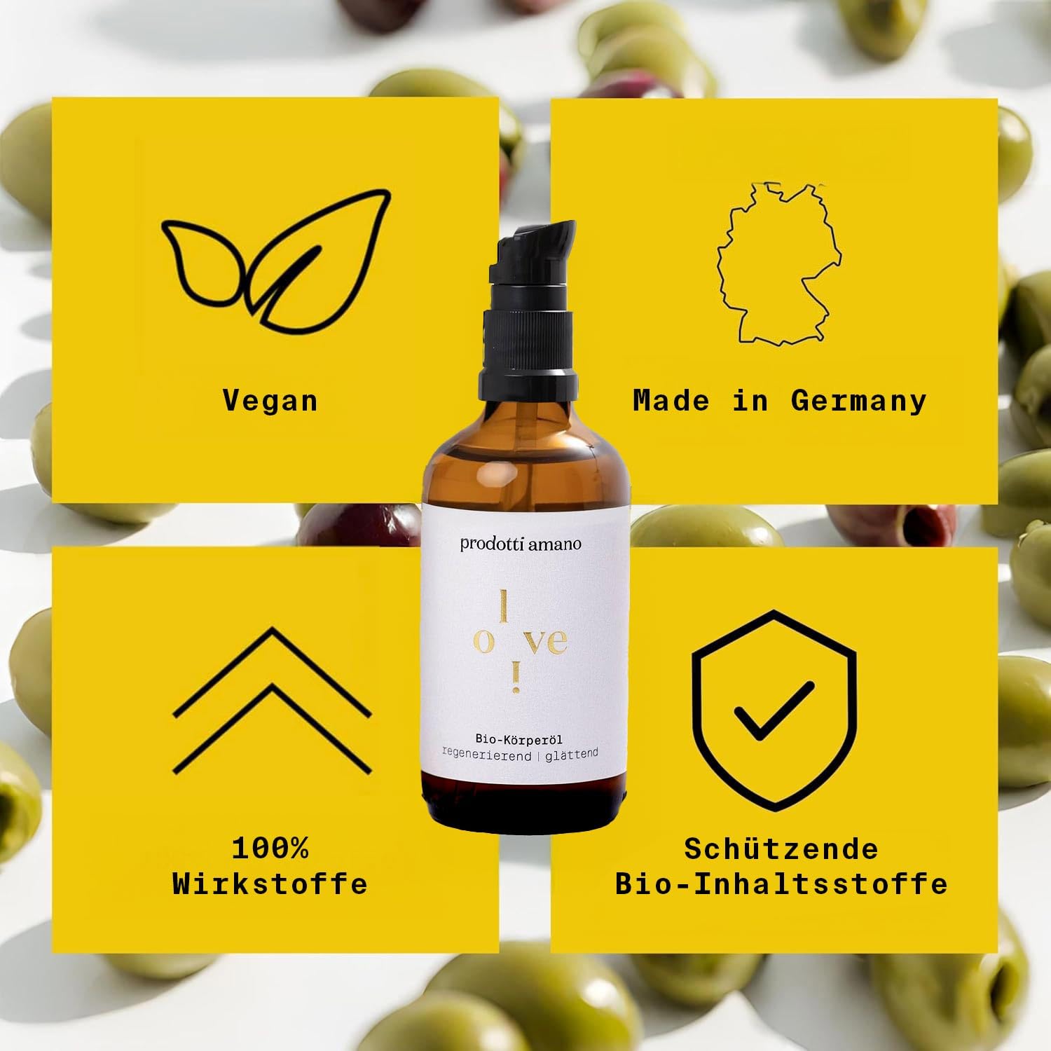I BIO Olivenöl Körperöl für trockene Haut I 100 ml | Sensible Vegane Hautpflege I Bewahrt Feuchtigkeit, Regeneriert und Glättet I Naturkosmetik inkl. 5 Öle & Extrakte