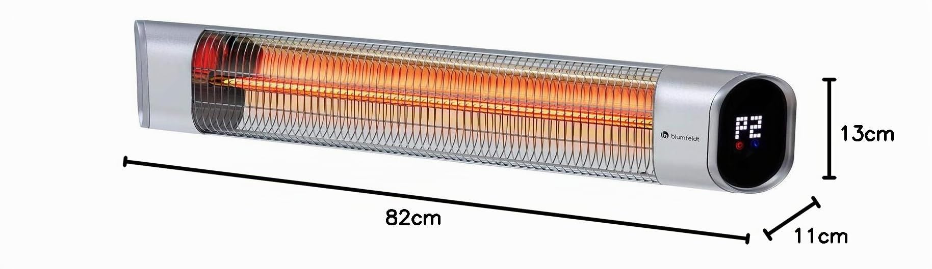 Blumfeldt Dark Wave Riscaldatore a infrarossi, Stufa da terrazzo, MinimalGlare Heating Tube: tubo carbonio dorato, 24 livelli calore, timer, IP65, display LED, riscaldatore da soffitto 2000 W, argento