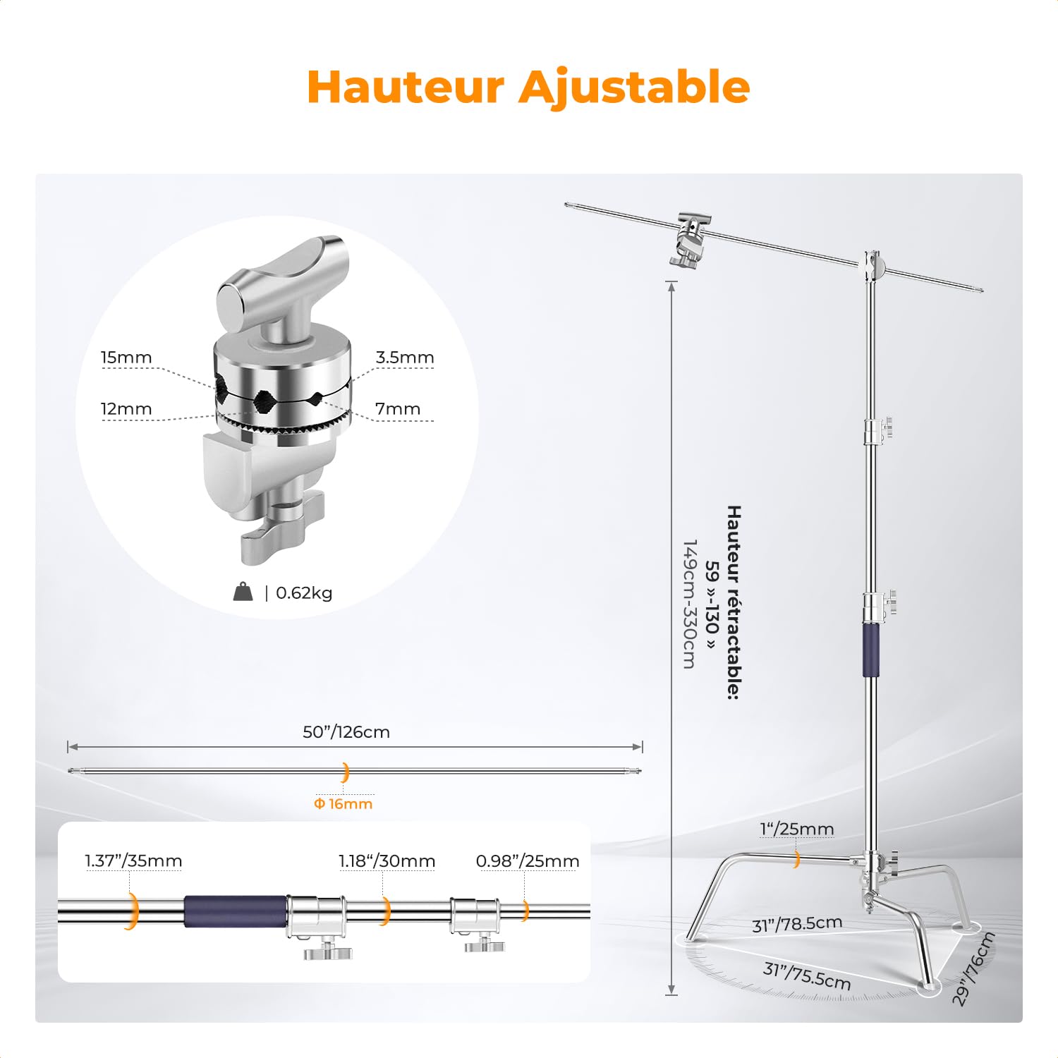 K&F CONCEPT Support C 330cm Acier Inoxydable pour Studio | Bras de perche réglable, 2 têtes poignée, charge 20kg, trépied lumière photo, avec sac sable, TL05
