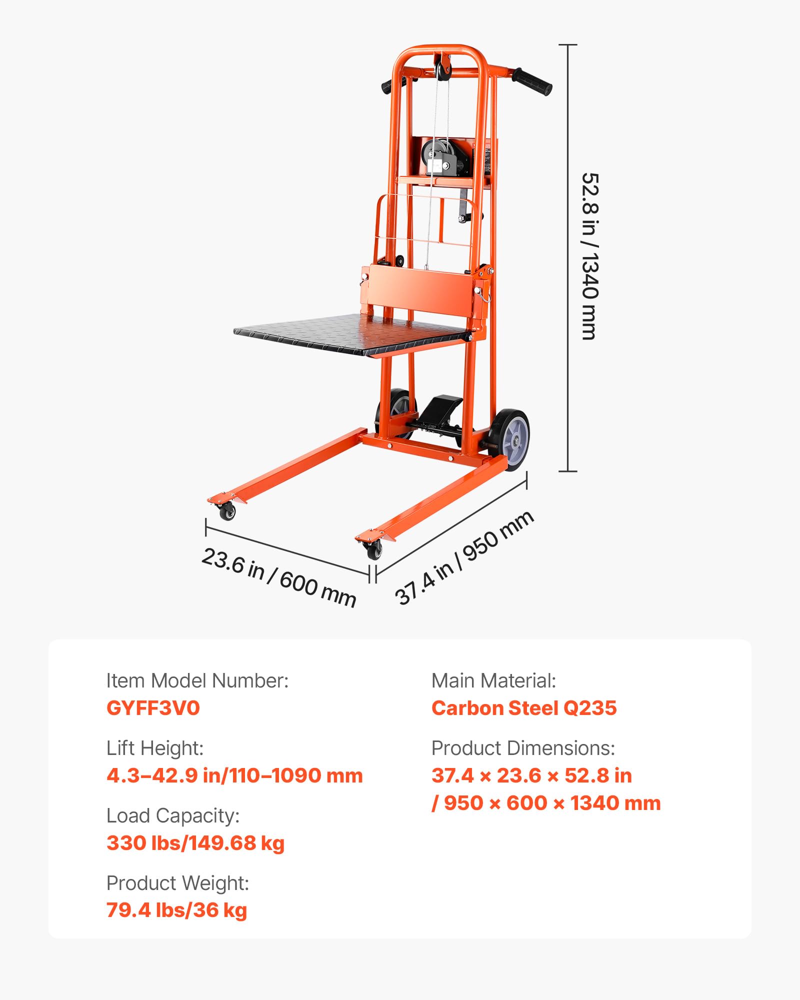 VEVOR Apilador con Cabrestante Manual de Elevación de Materiales con Ruedas Giratorias y Placa Elevadora, Plataforma Elevadora con Capacidad de 149,68 kg, Altura de Elevación Máxima de 1090 mm