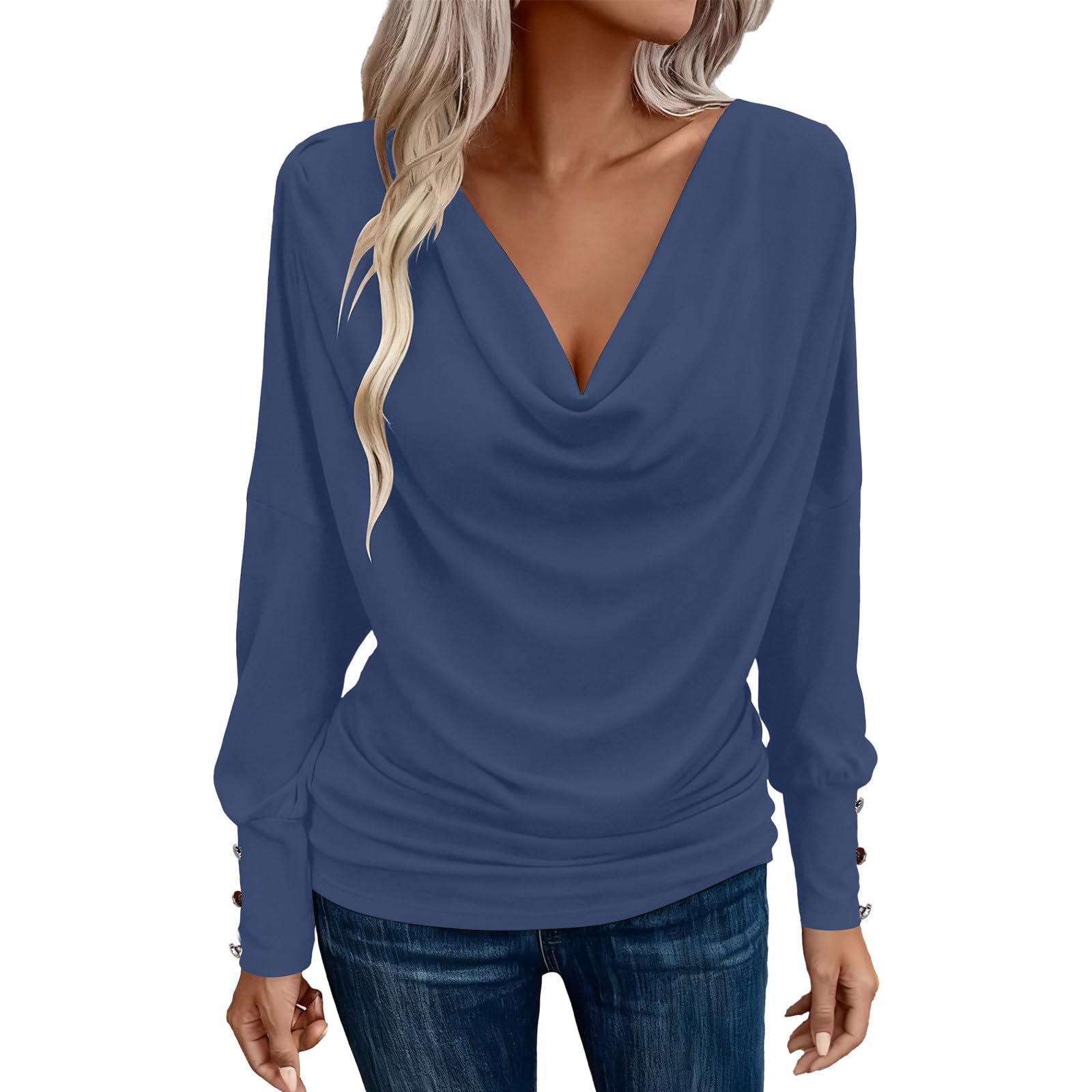 HGps8w Womens Cowl Neck Office Shirts Dressy Ruched Long Sleeve Blouse Button Cuff Elegant Business Casual Tops