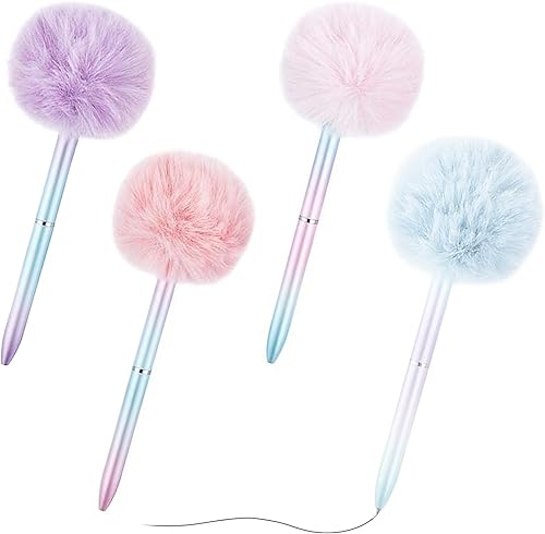 4 bolígrafos con pompón, lindo bolígrafo esponjoso, bolígrafo de color degradado, accesorio escolar de oficina, regalo para niños y niñas, amarillo,