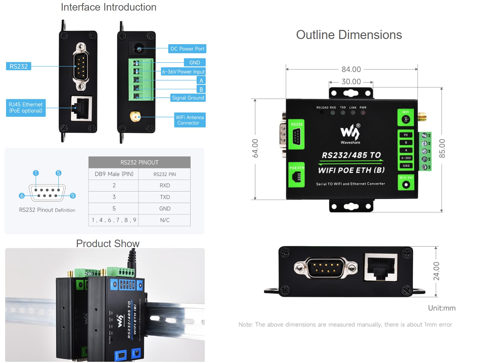 Waveshare RS232/485 to WiFi and RJ45 Ethernet Converter Module Industrial Grade Serial Server,Support Ethernet to WiFi,Serial Port to Ethernet, Modbus Gateway, MQTT Gateway