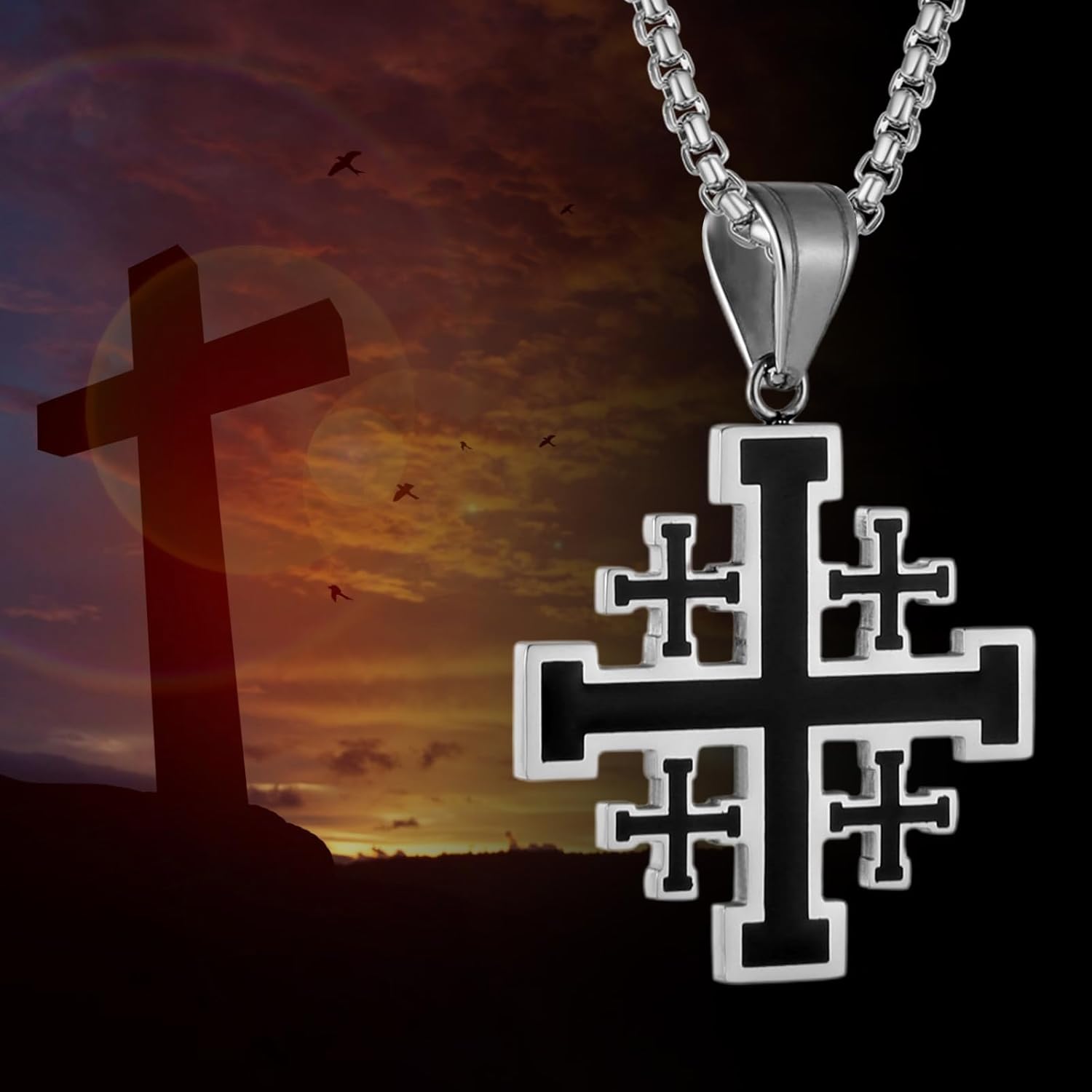 Crusader Jerusalem Cross Pendant Necklace: Stainless Steel Cross Biker Necklace Chain for Men Women - Image 5