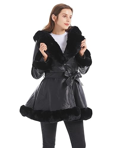 GRAN ORIENTE Women's Faux Leather Jacket with Faux Fur Collar, Winter Long Sleeve Furry Trim Peplum Parka Coat with Belt - Small - Black With Hood