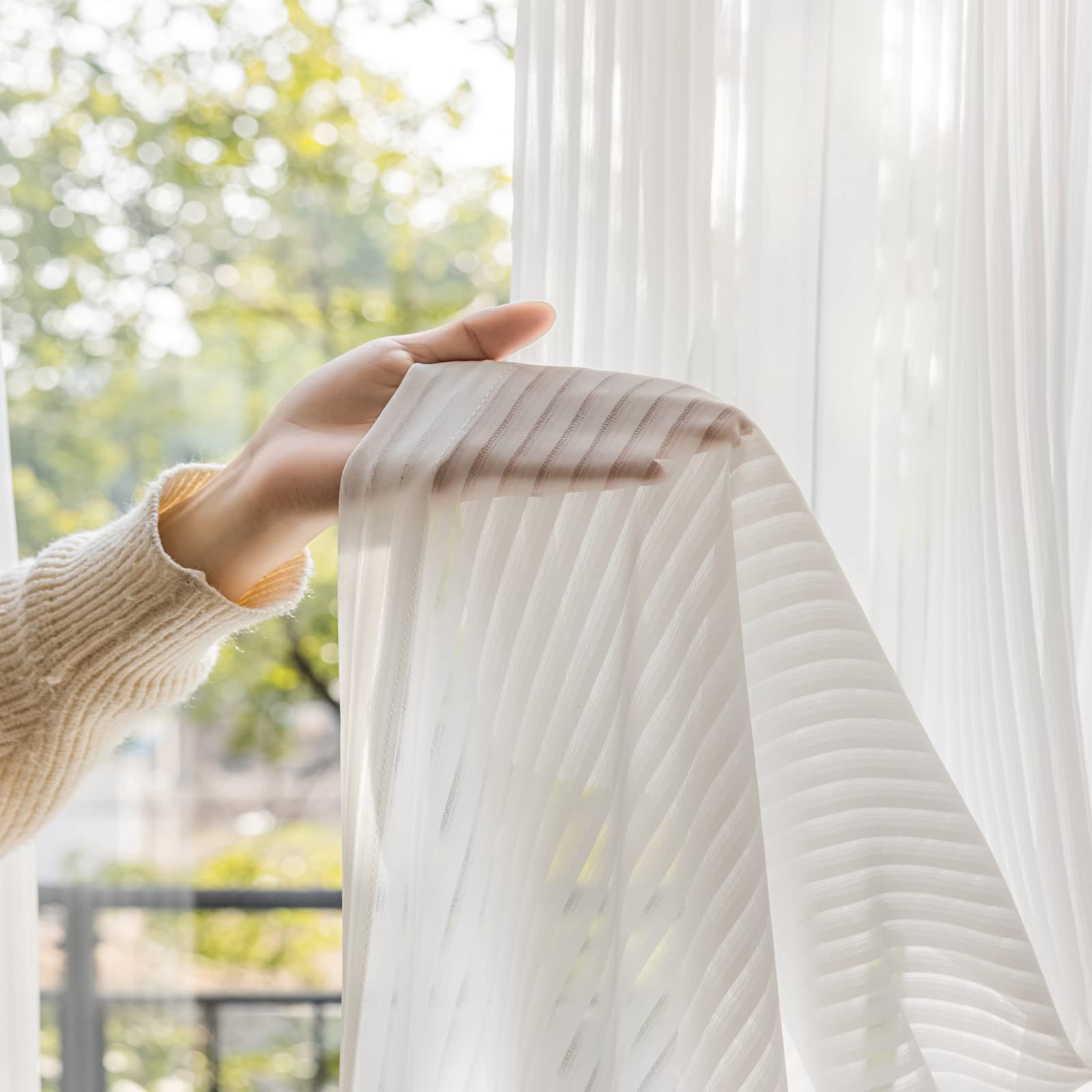 LANTIME White Sheer Curtains 63 inches Long, Pinch Pleats Stripe Window Sheer Curtains Panels Drapery, 26" W x 63" L, Set of 2