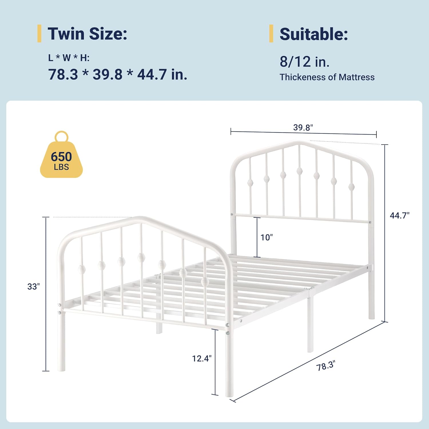 Diagram showing dimensions of Allewie Twin Size Metal Platform Bed Frame.