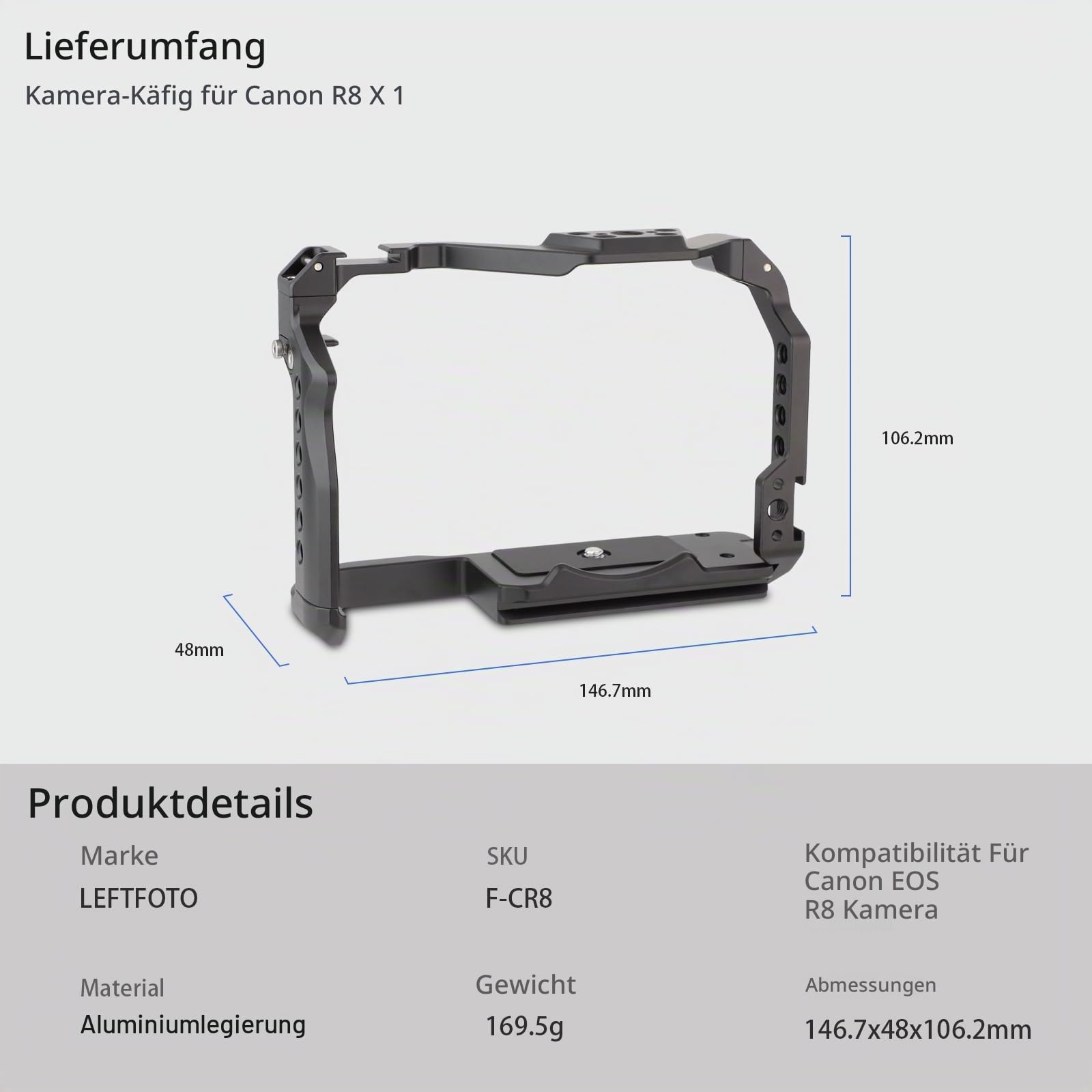 LEFTFOTO Kamerakäfig für Canon EOS R8 mit Arca-Schulterstütze, Kaltschuh, Gurtschlitz, 0,6 cm Schraubenlöcher, Kompatibilität mit DJI RS Stabilisator, für Vlog-Videoaufnahmen
