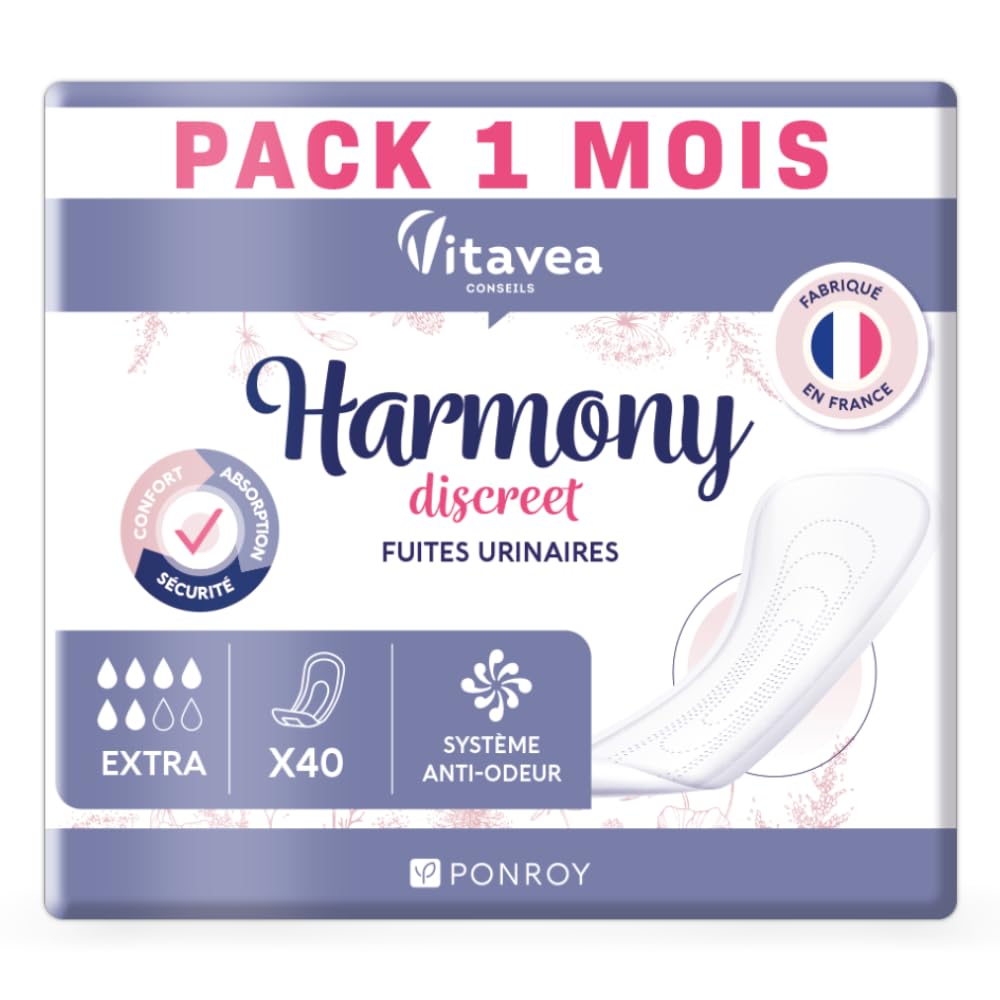 40 Serviettes Hygiéniques Incontinence Femme - Protection Urinaire Femme - Serviette Post Accouchement - Absorbante & Anti-Odeur - Fabriqué en France - 6 Gouttes - Pack 1 mois - Harmony Discreet