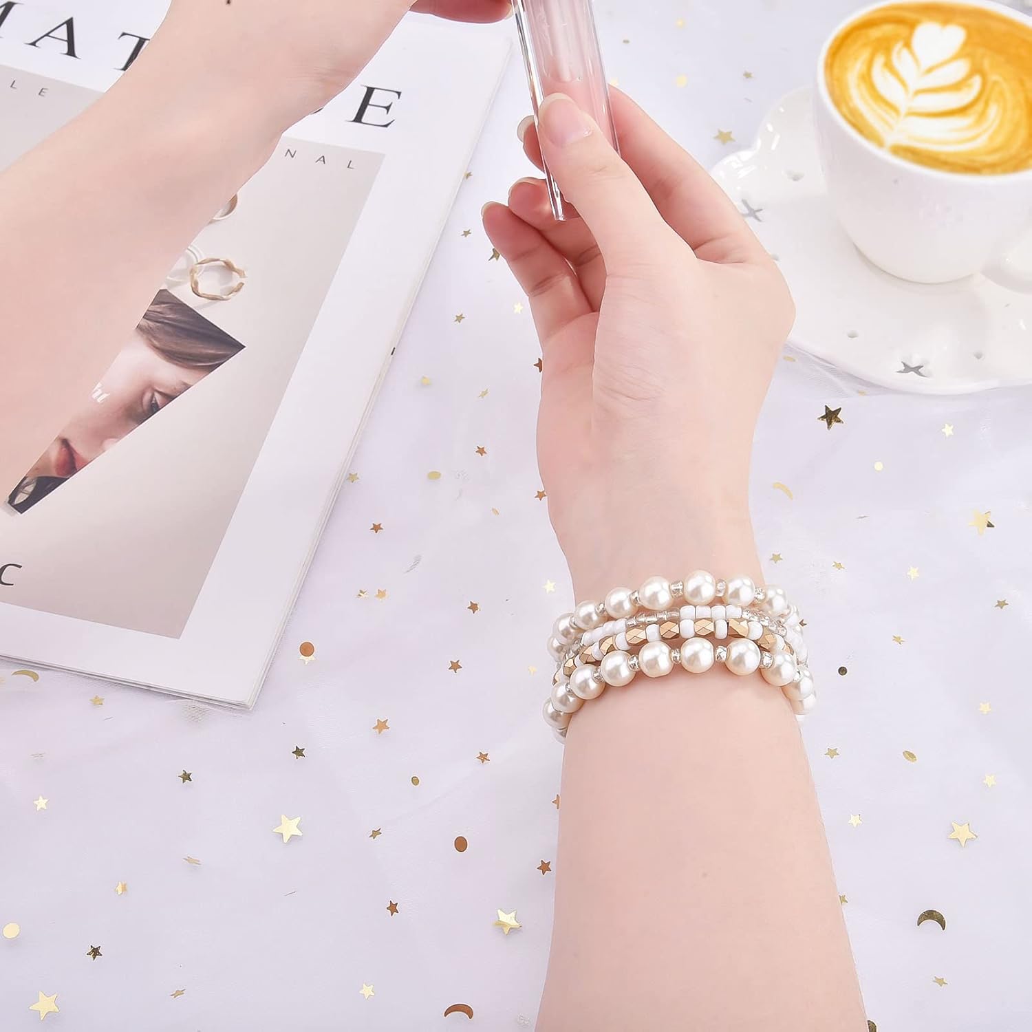 VISOOM Beaded Boho Bracelet Compatible for Samsung Galaxy Watch 6/5/4 40mm 44mm Bands/Active 2 40mm 44mm/Watch 4 Classic 42/46mm Band Women, 20mm Handmade Fashion Cute Elastic Crystal Beads Bracelet - Image 3