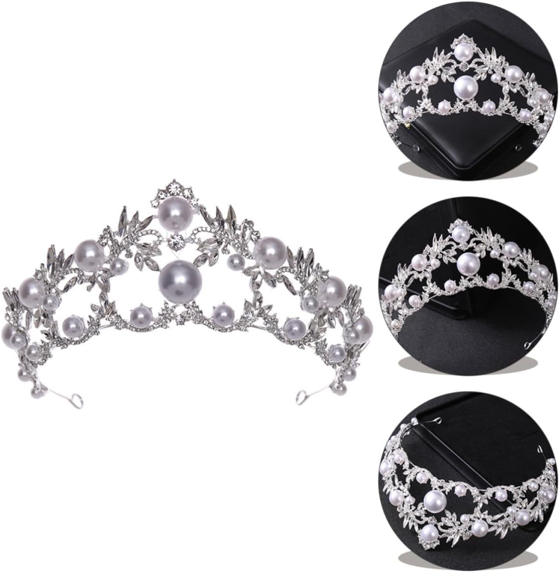 Rhinestone Pearl Crown Tiara for Brides, Elegant White Headpiece