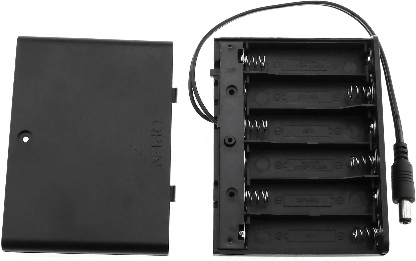 E-outstanding Battery Box 6x1.5V AA Battery Case Holder Black Enclosed Box with ON/Off Switch and 5.5mm x 2.1mm DC Plug