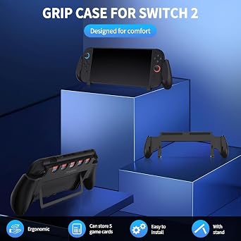 AriKroii Grip-Schutzhülle mit Ständer für Nintendo Switch 2 Switch 2 Konsole Griffe Kompatibel mit Nintendo Switch 2 Switch 2 Grip Case mit 5-Spiel-Slots und Standfuß Bequemer & Ergonomischer Griff