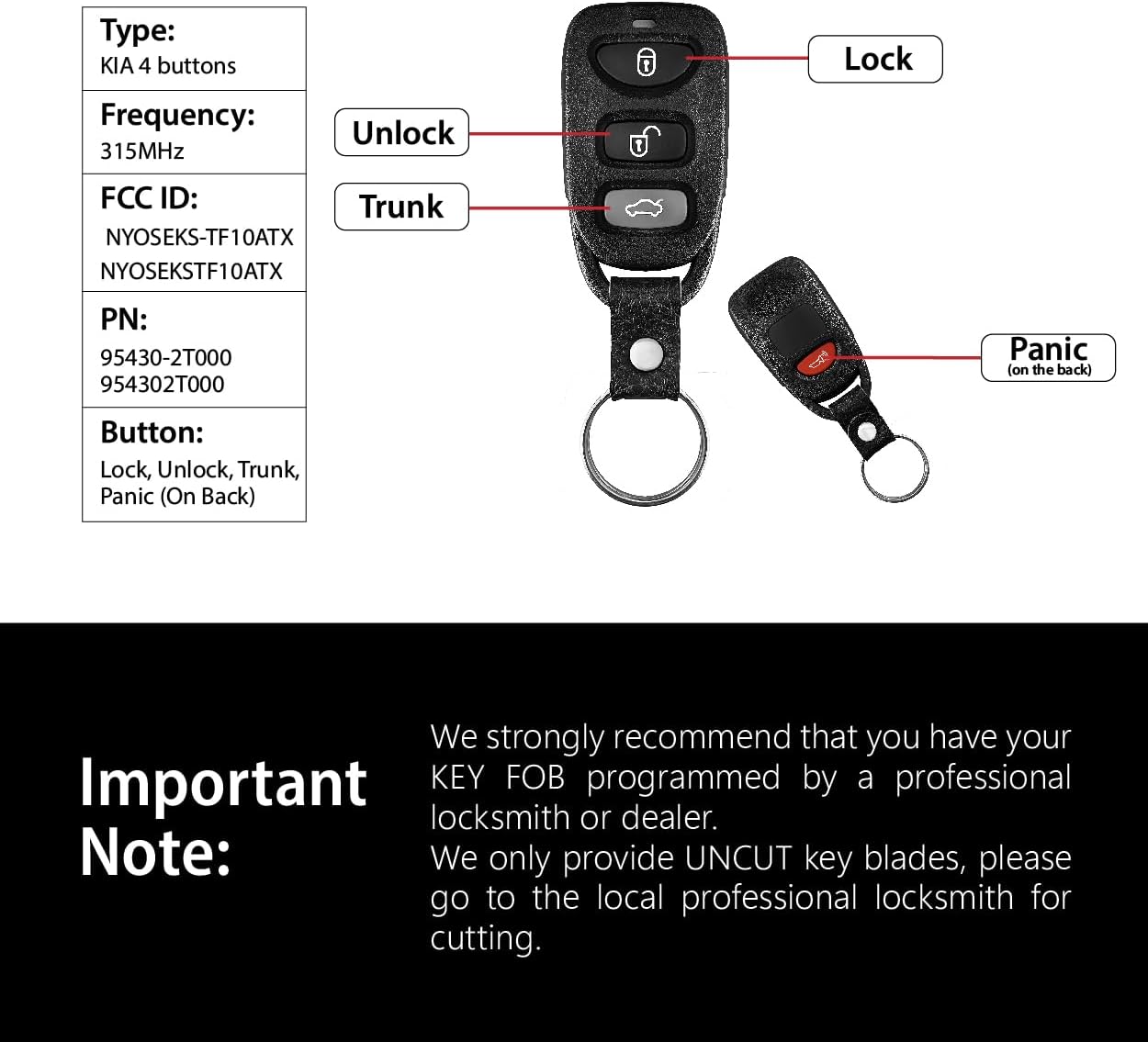 Replacement for 2010 2011 2012 2013 Kia Optima Key Fob Remote Control NYOSEKS-TF10ATX 4 Buttons 315MHz