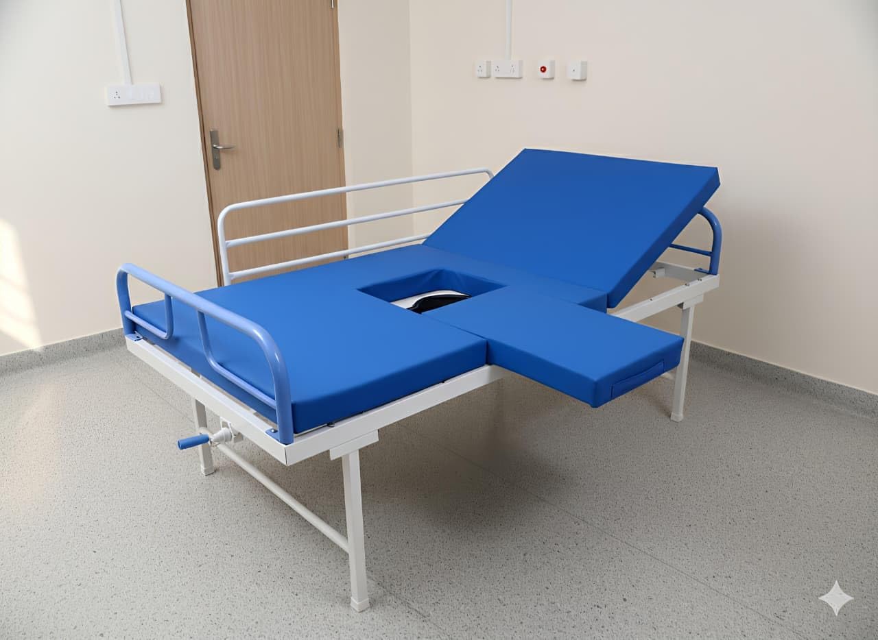 A ONE HOSPICARE- Patient Hospital Bed/Manual Semi Fowler Commode Bed for Home with Side Raillings and Water Proof rexine Cover Mattress