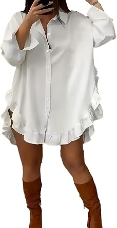 Halfword Women Button Down Shirts Oversized Ruffled Long Sleeve Casual Blouse Solid Color Slit Tops