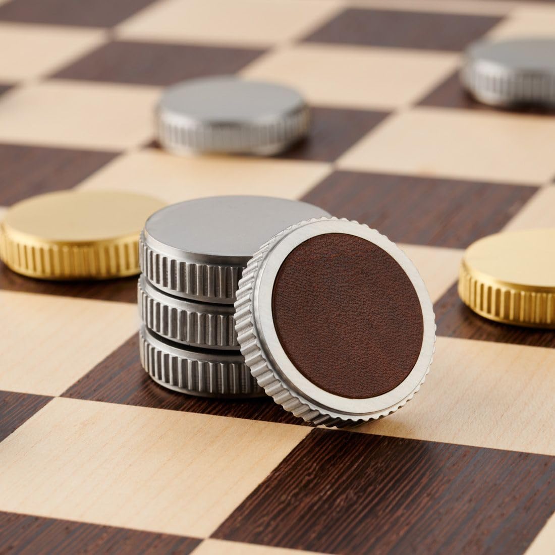 Draughts Checkers Set With Solid Brass Gold And Silver Pieces With Leather Base - 2 Player, Age 8+