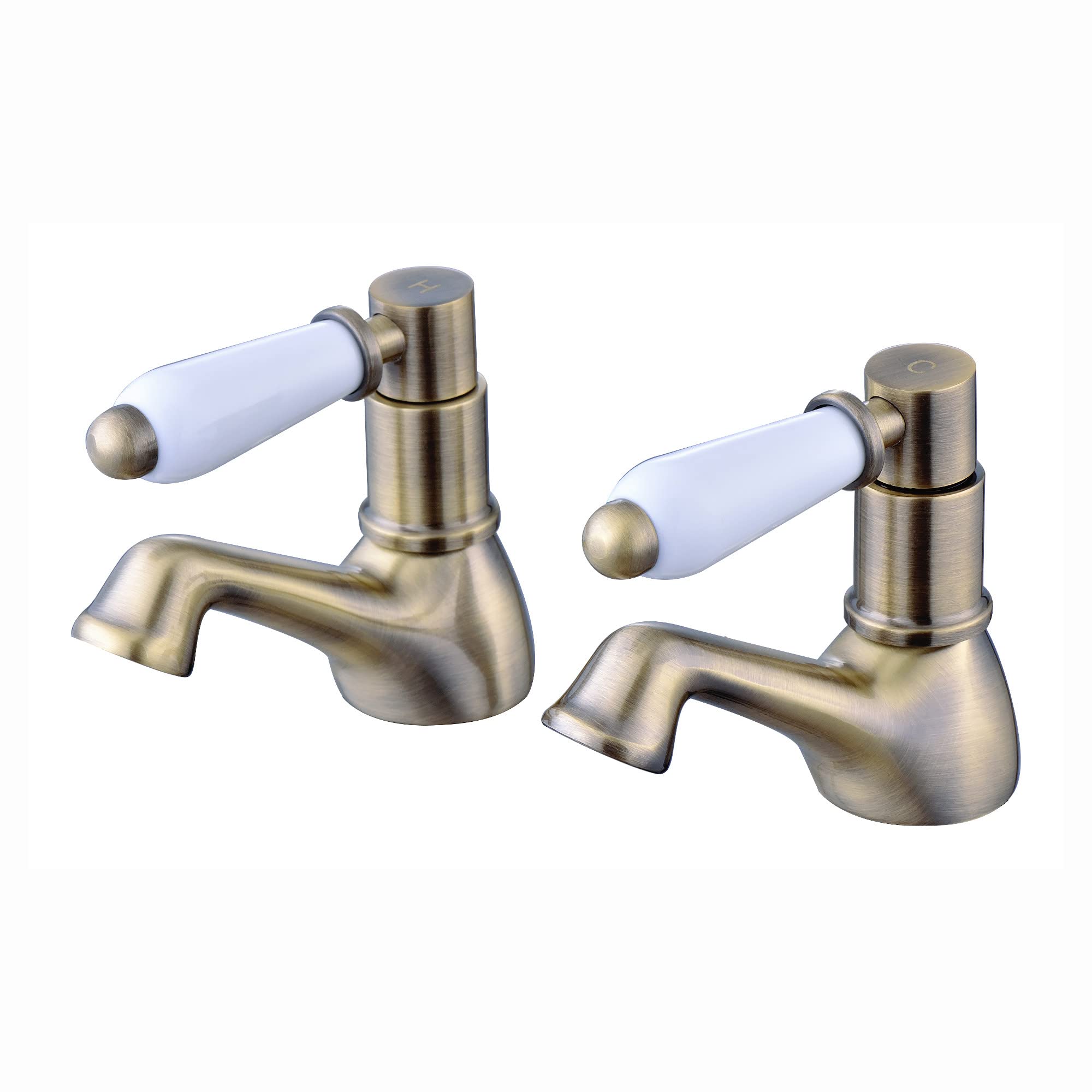 ENKI, Downton, BT0806 Hot and Cold Basin Taps with White Ceramic Levers, Antique Brass