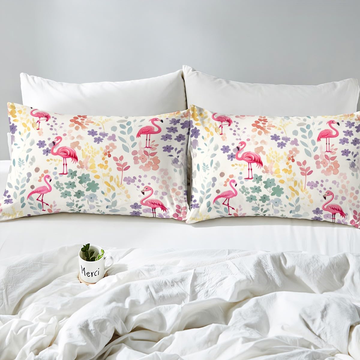 Homewish - Funda nórdica infantil flamenco rosa Kawaii, juego de cama de 140 x 200 cm, estampado flamenco, juego de fundas nórdicas florales de acuarela y cubre cama animales salvajes