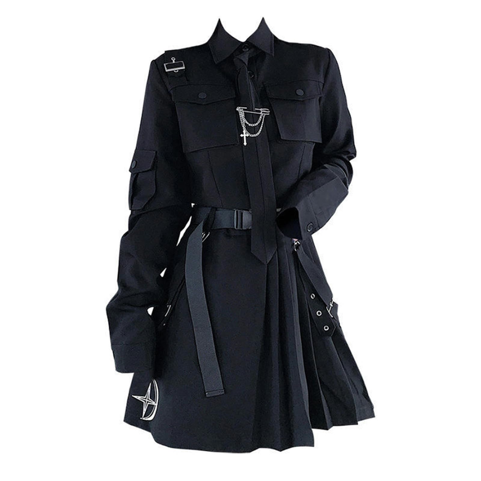 Weiting Girls Black Shirt Emo Gothic Cargo Shirt Suit E Punk Chain Ribbon Skirts Goth Dress Autumn Streetwear Harajuku Black Grunge Aesthetic Clothes-S