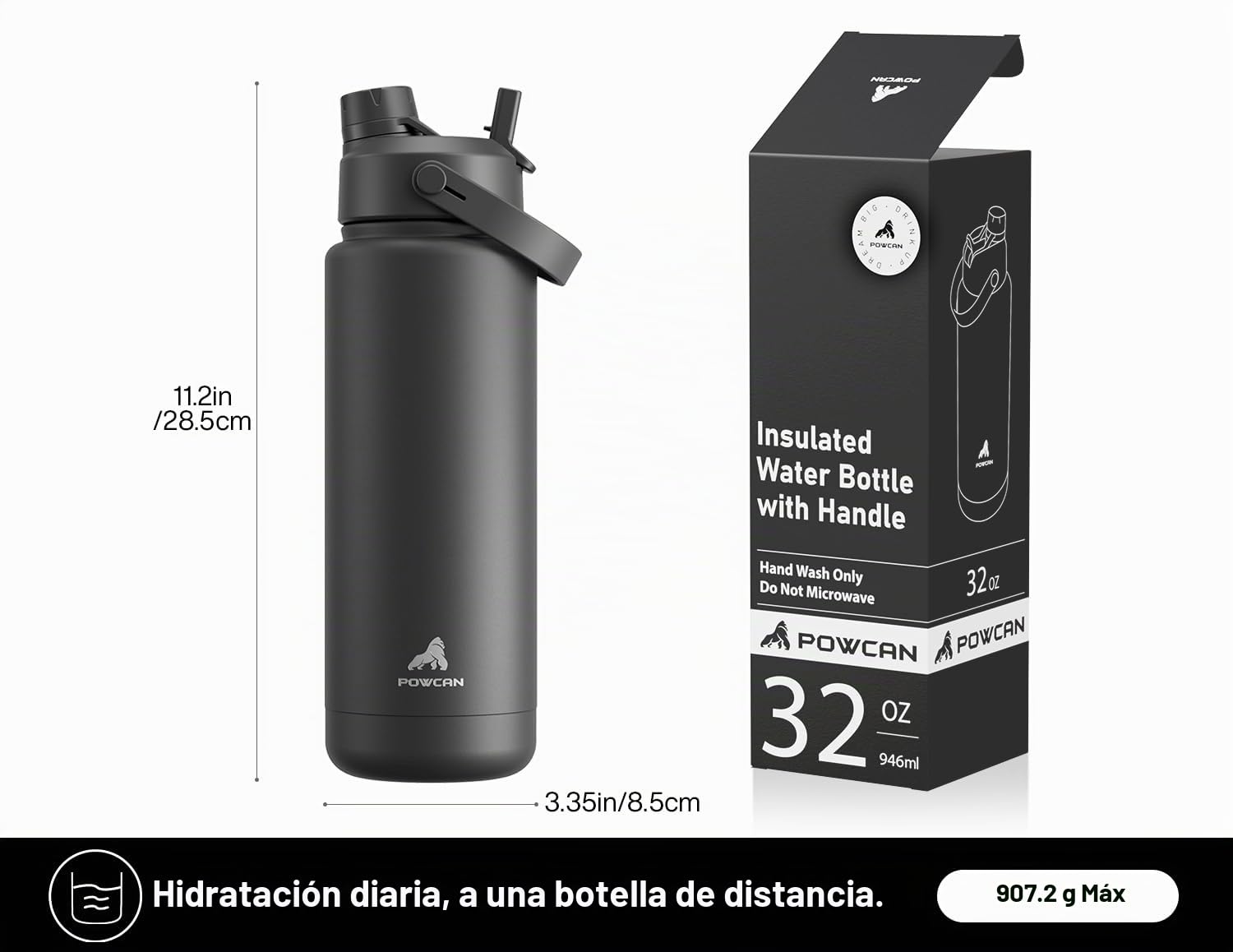 POWCAN Botella de agua térmica con pajita y boquilla 2 en 1, 32 onzas mantiene el frío 24 horas, a prueba de fugas, se adapta al portavasos del coche, botella de acero inoxidable (Dark Knight)
