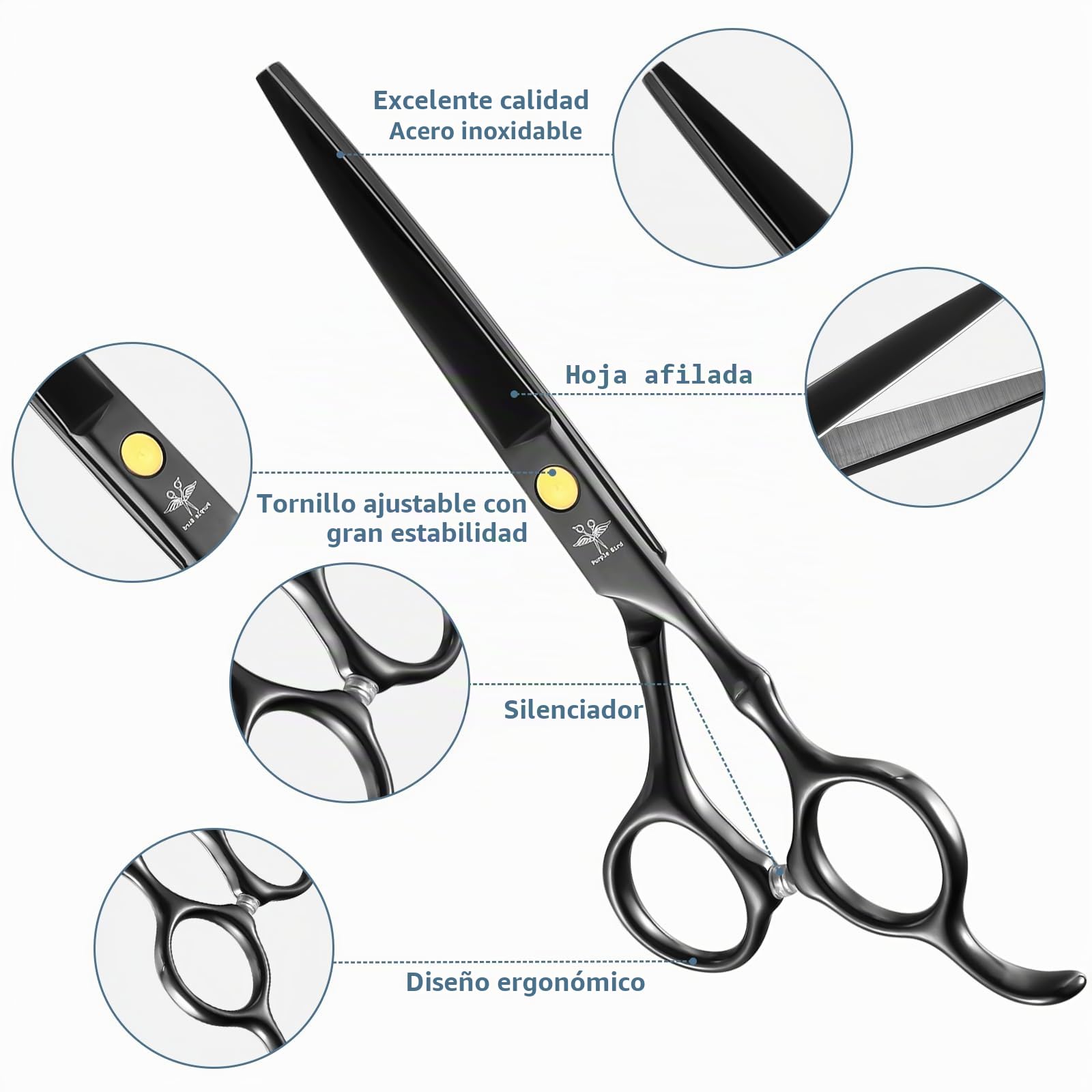 PURPLEBIRD Juego Tijeras Peluquería 10 Piezas Acero Inoxidable Negro | Juego versátil para corte de cabello con accesorios completos, adecuado para uso doméstico o profesional.