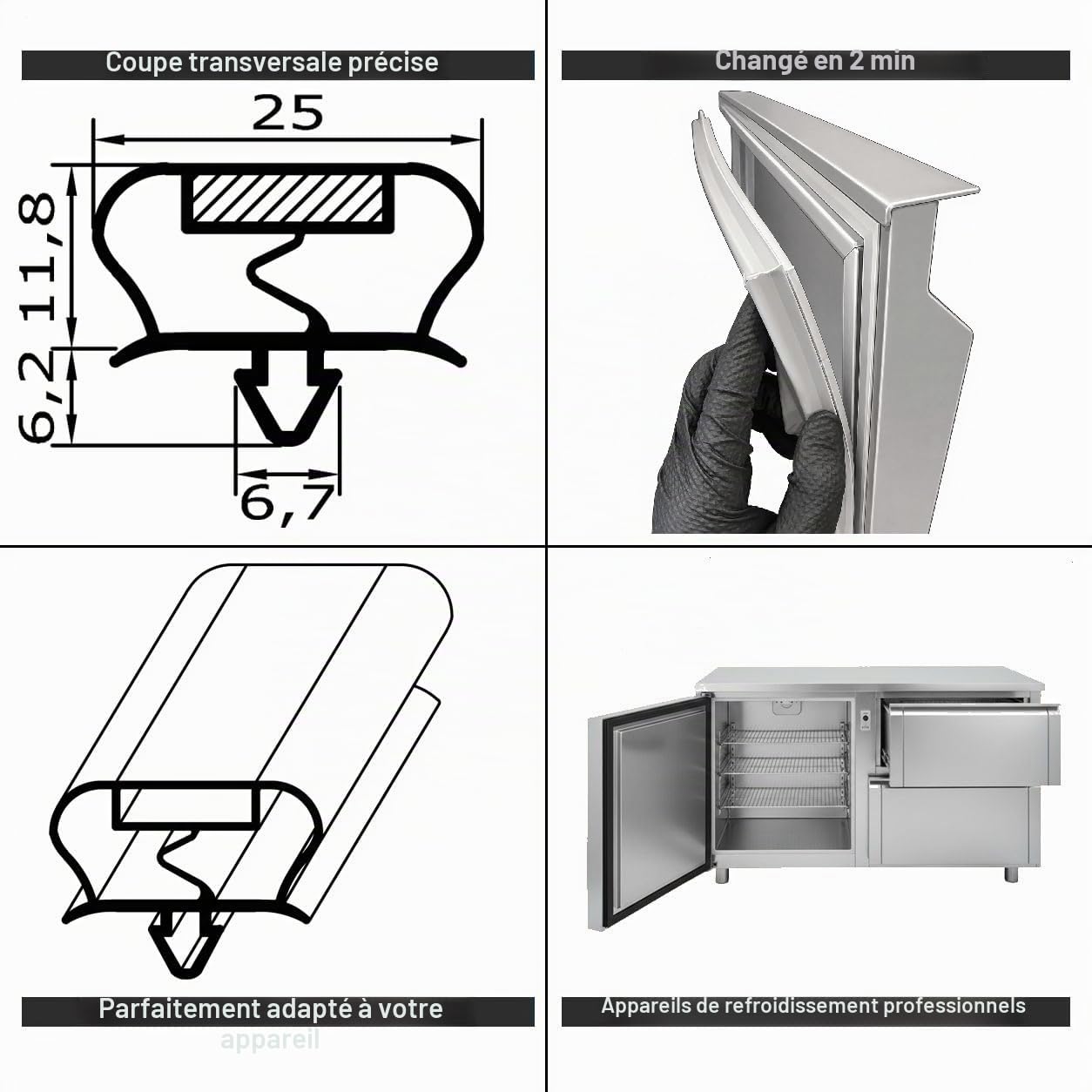 Joint magnétique profilé grand A - 2500 mm avec bande magnétique - Couleur : gris (joint de réfrigérateur)