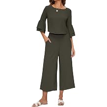 ROYLAMP Womens Summer 2 Piece Outfits Bell Sleeve Round Neck Crop Top Wide Leg Pants Set Matching Lounge Set with pockets