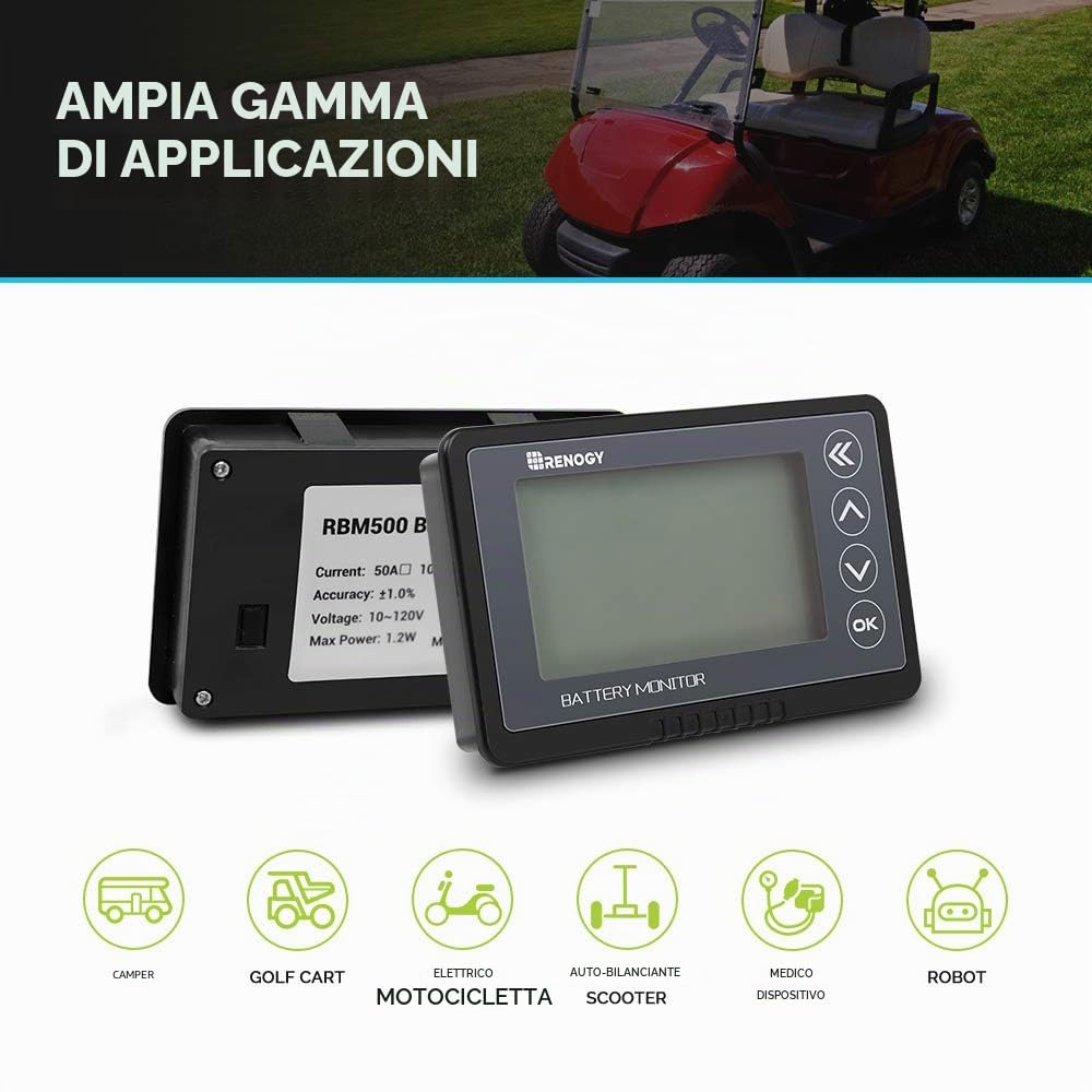 Renogy Batteria 500 A 12 V/24 V/36/48 V, monitor batteria ad alta precisione con allarme programmabile per alta tensione e bassa, compatibile con LiFPO4, AGM, sigillato, gel, batterie bagnate per
