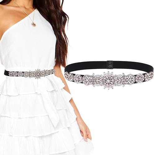 Urieo Cinturón elástico con diamantes de imitación, cinturones elásticos negros de cristal, vestido elástico ancho, cinturón de cintura para mujer