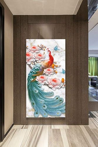 Miniatura 172 de Looife Lienzo decorativo para pared de pavo real, 16 x 32 pulgadas, pájaros verde azulado con flores, decoración de pared para decoración de DW148