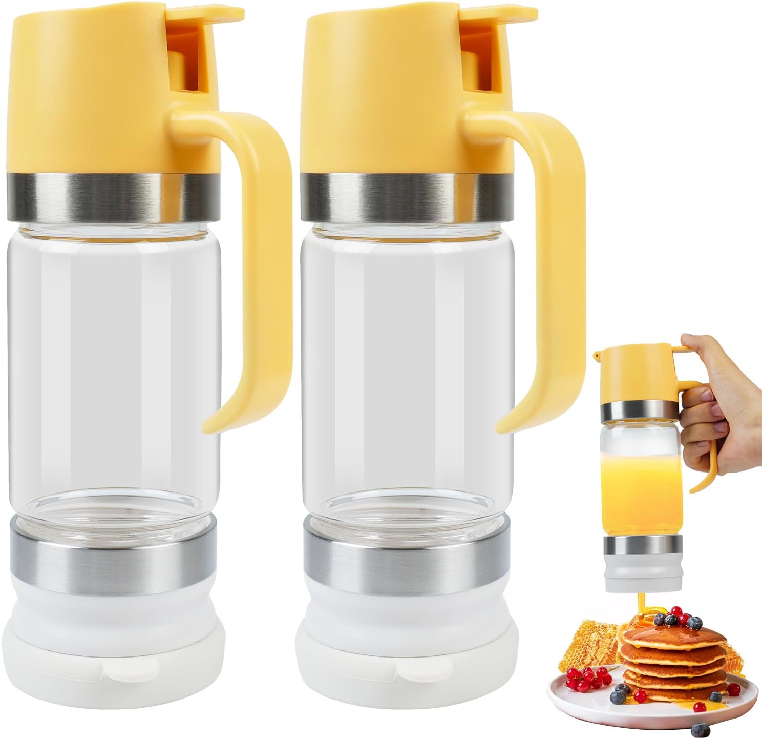 Honey Dispenser 12Oz 2Pack No Drip with Stand, Glass Honey Jar, Syrup Dispenser, Easy One Hand Use Honey Pot for Coffee or Tea, Mess Free Honey Dispenser for Syrup, Honey Container (2Pack Yellow)