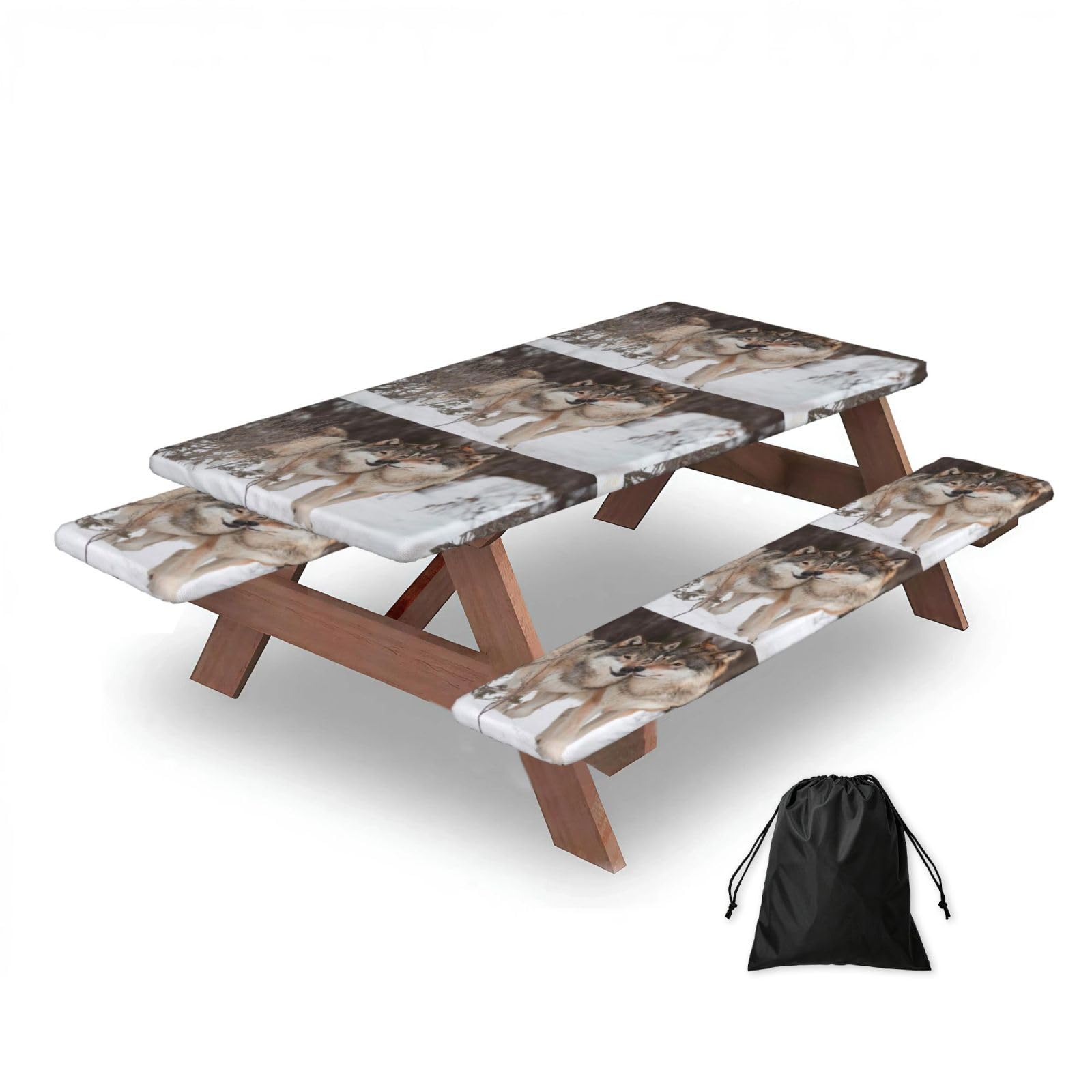 Dopklna As Picture Wolf Pattern Print, Picnic Table Cover With Bench Covers -Waterproof Elastic Fitted Tablecloth For Garden Camping Patio 76X152cm